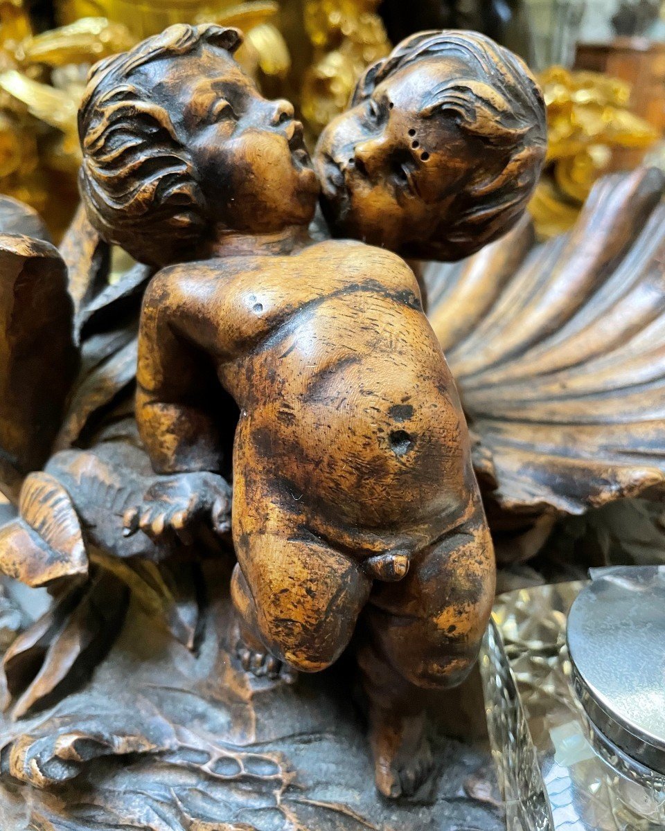 Beautiful Inkwell "2 Putti With Fish" In Walnut 19thc.-photo-5