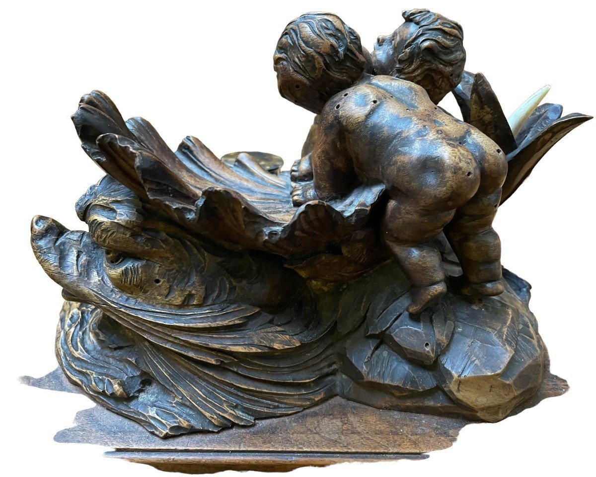 Beautiful Inkwell "2 Putti With Fish" In Walnut 19thc.-photo-6