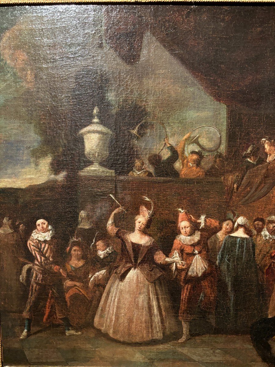 Tableau Du 18ème Siècle « Scène De Danse Avec Arlequin » Huile Sur Toile.-photo-2