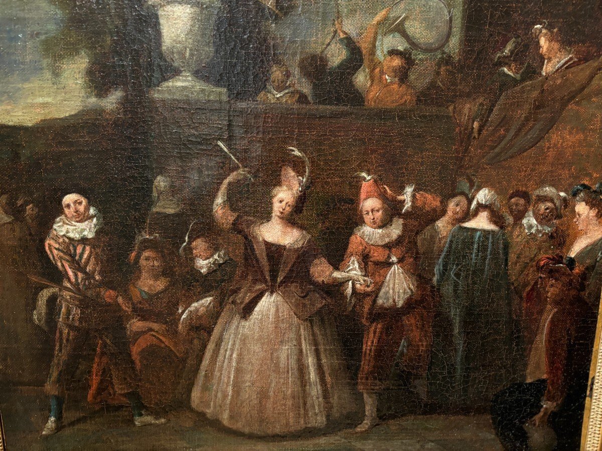 Tableau Du 18ème Siècle « Scène De Danse Avec Arlequin » Huile Sur Toile.-photo-3