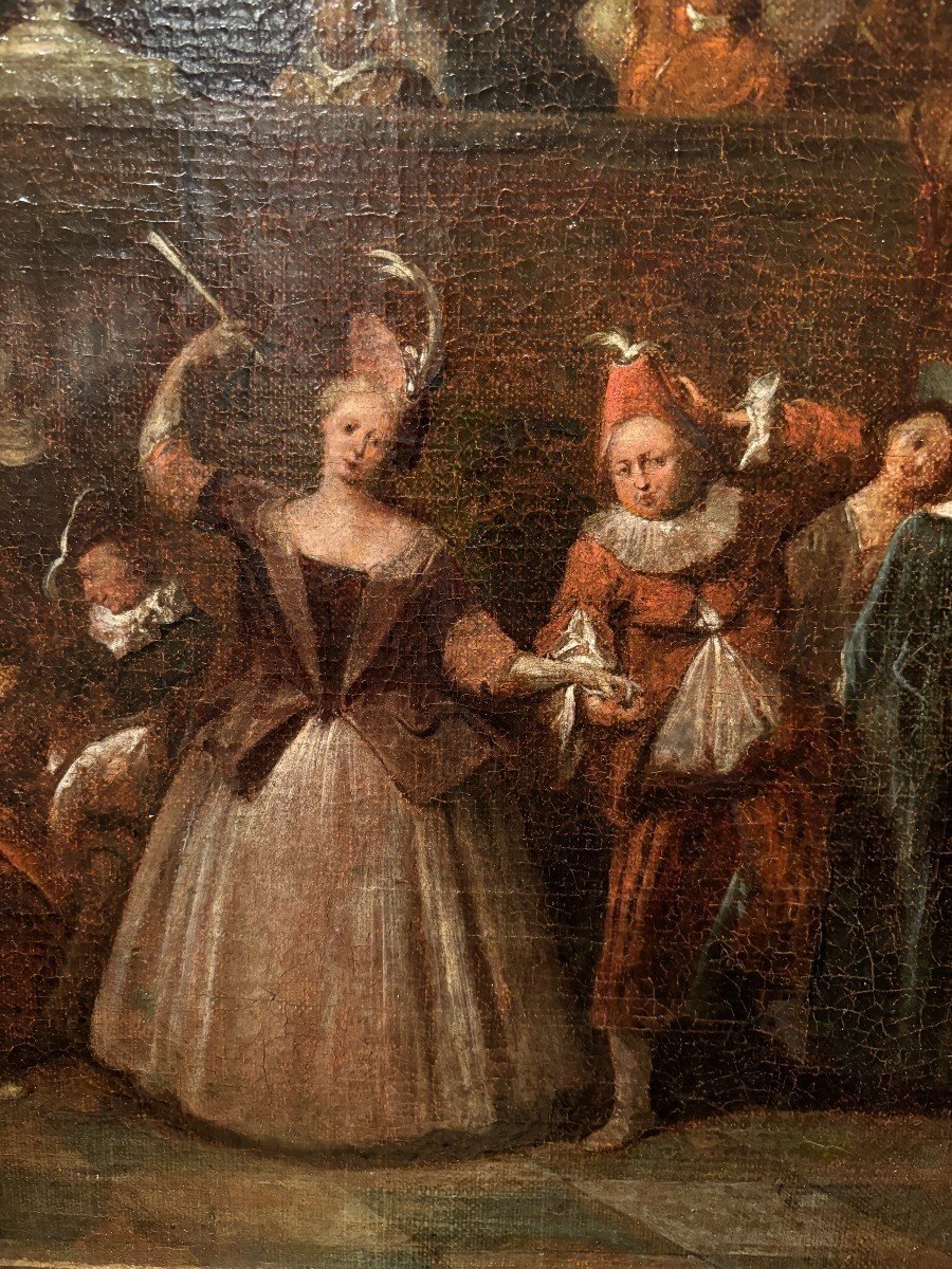 Tableau Du 18ème Siècle « Scène De Danse Avec Arlequin » Huile Sur Toile.-photo-1