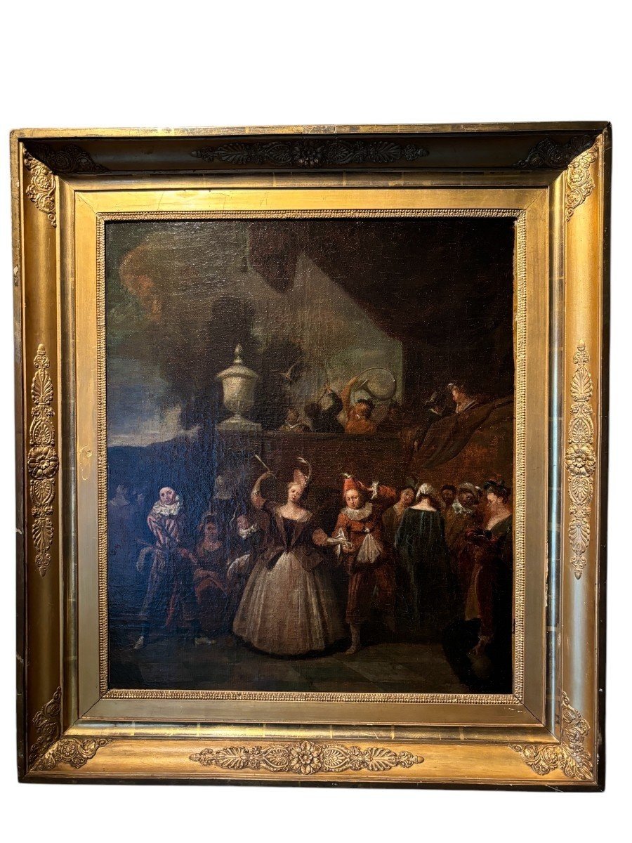 Tableau Du 18ème Siècle « Scène De Danse Avec Arlequin » Huile Sur Toile.-photo-2