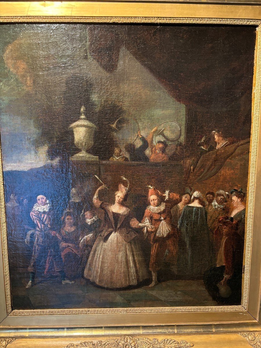 Tableau Du 18ème Siècle « Scène De Danse Avec Arlequin » Huile Sur Toile.-photo-3