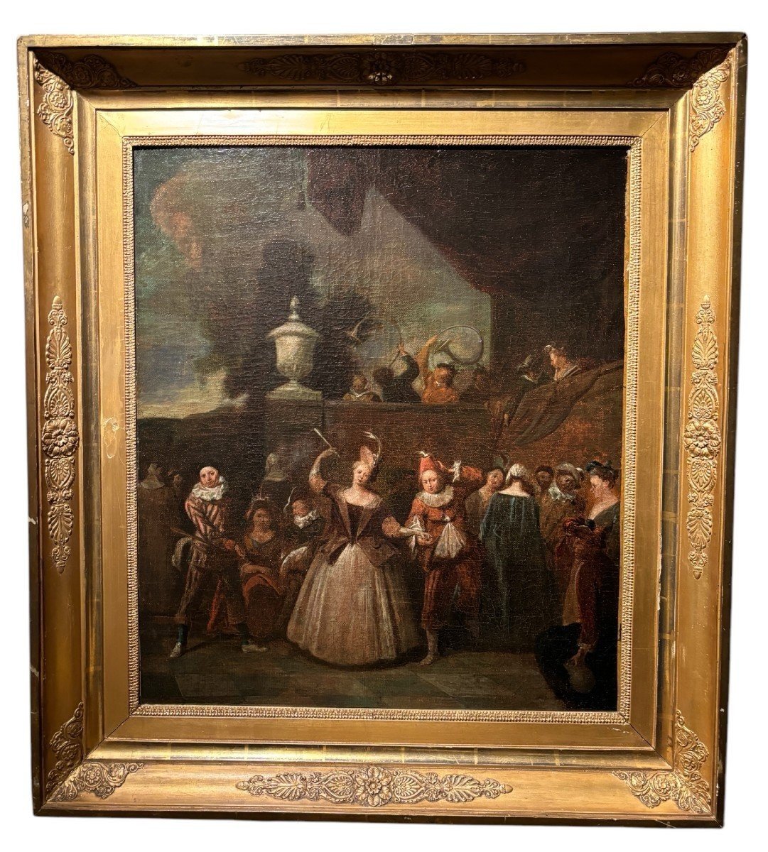 Tableau Du 18ème Siècle « Scène De Danse Avec Arlequin » Huile Sur Toile.