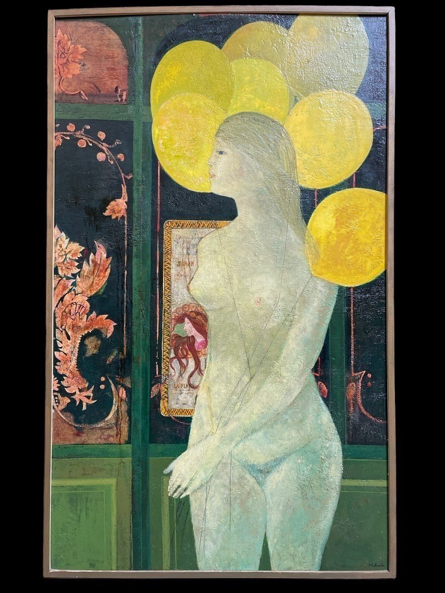 Tableau Décoratif " Dame Aux Ballons " Huile Sur Panneau 1967.