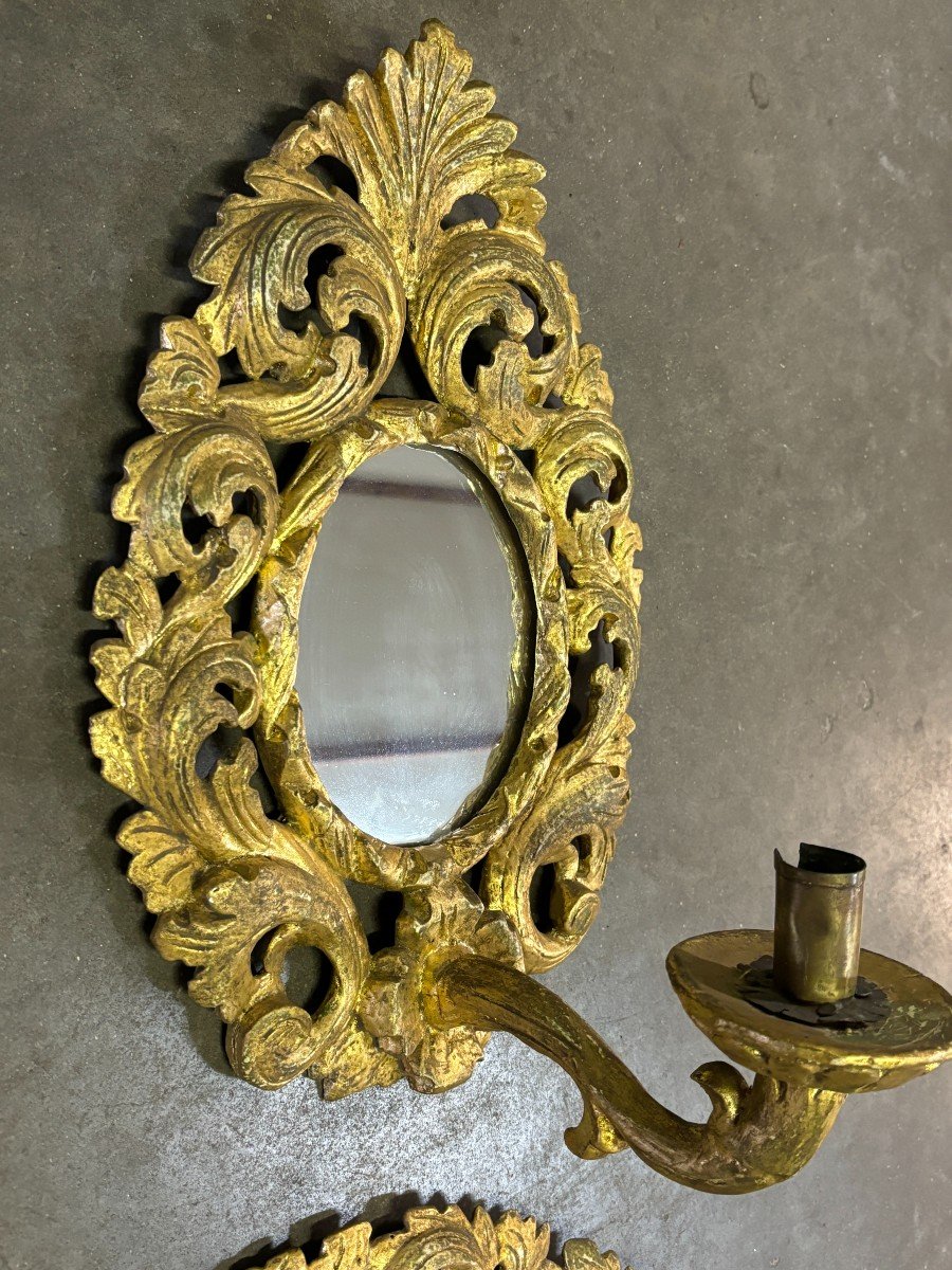 Pair Of 19th Century Gilded Wood Wall Lights With Mirror.-photo-2