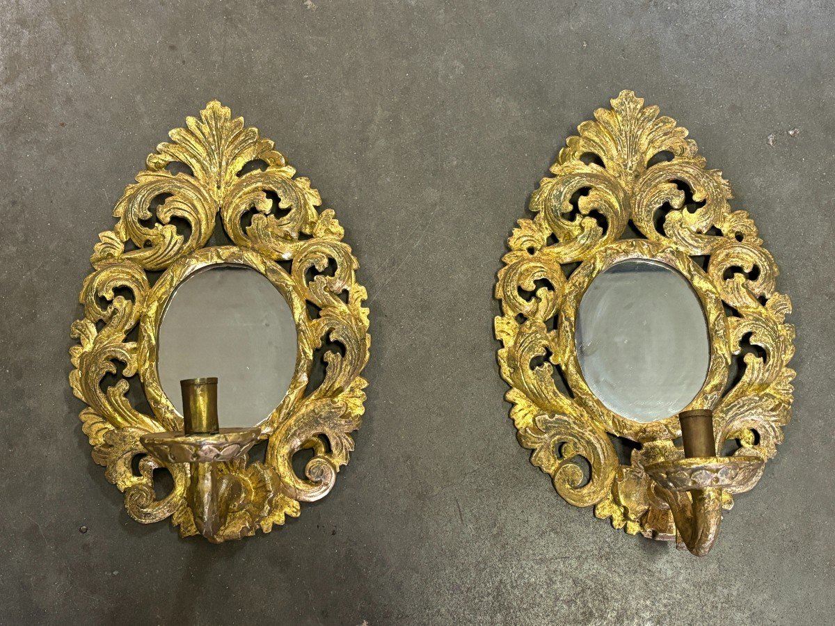 Pair Of 19th Century Gilded Wood Wall Lights With Mirror.-photo-1