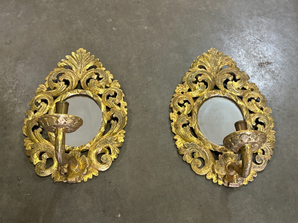 Pair Of 19th Century Gilded Wood Wall Lights With Mirror.-photo-2