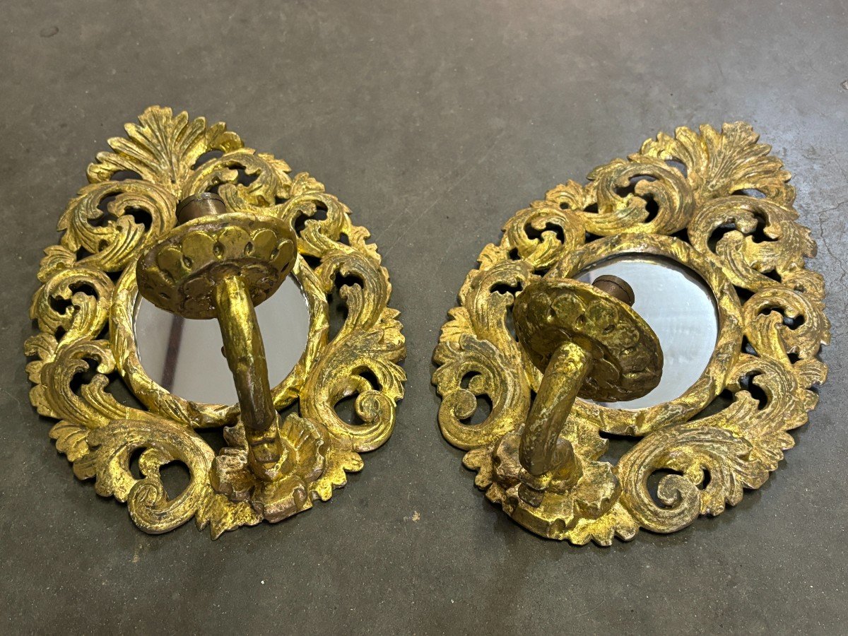 Pair Of 19th Century Gilded Wood Wall Lights With Mirror.-photo-3