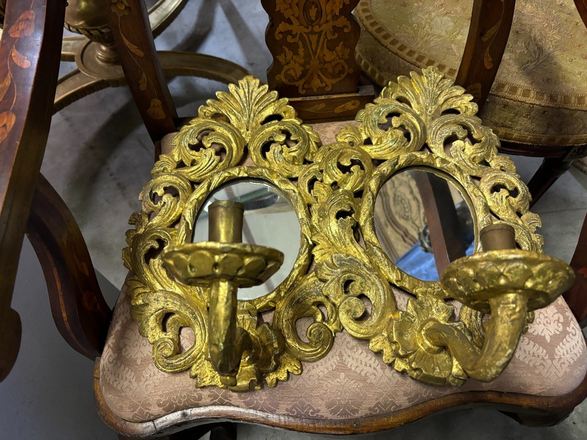 Pair Of 19th Century Gilded Wood Wall Lights With Mirror.-photo-4