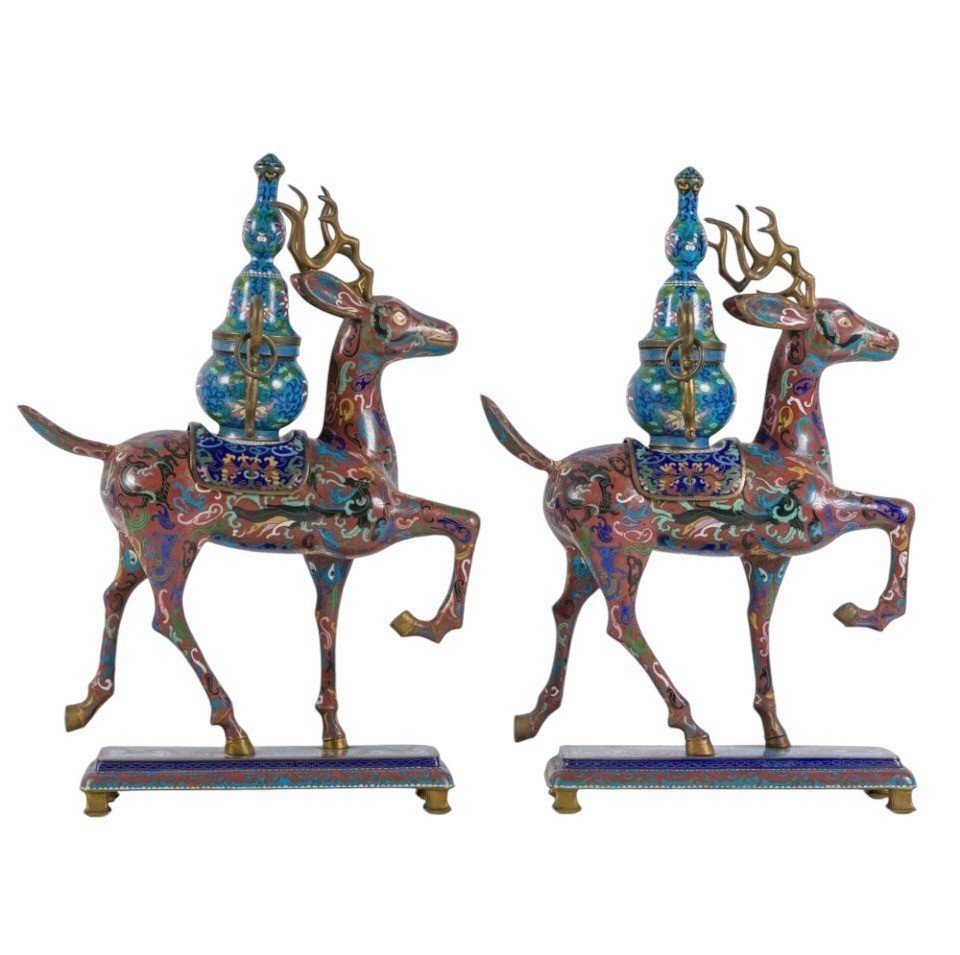 Pair Of Chinese Deer Incense Burners In Gloisonné Enamel, Late 19th Century.-photo-2