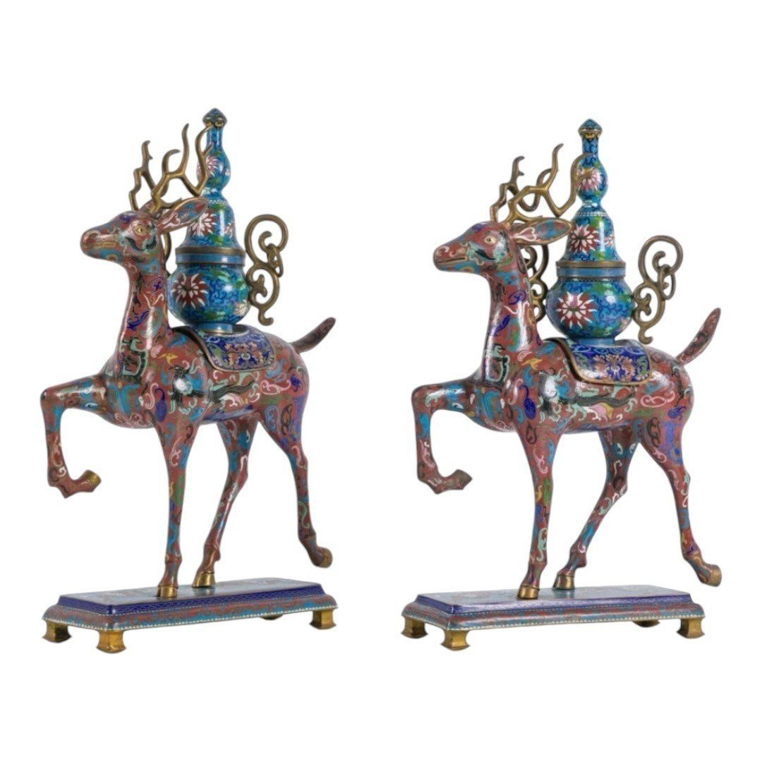 Pair Of Chinese Deer Incense Burners In Gloisonné Enamel, Late 19th Century.-photo-3