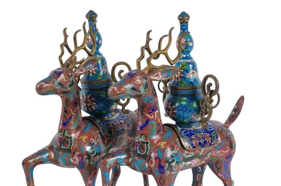 Pair Of Chinese Deer Incense Burners In Gloisonné Enamel, Late 19th Century.-photo-4