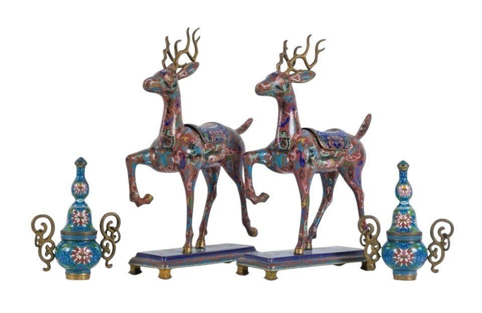 Pair Of Chinese Deer Incense Burners In Gloisonné Enamel, Late 19th Century.-photo-1