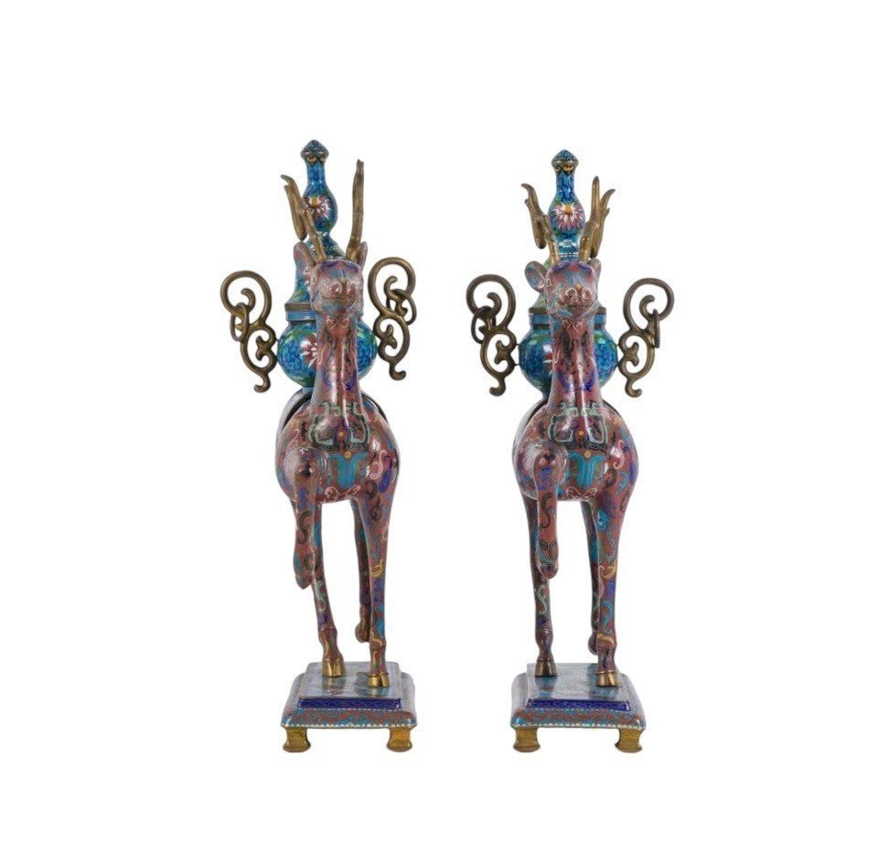 Pair Of Chinese Deer Incense Burners In Gloisonné Enamel, Late 19th Century.-photo-2