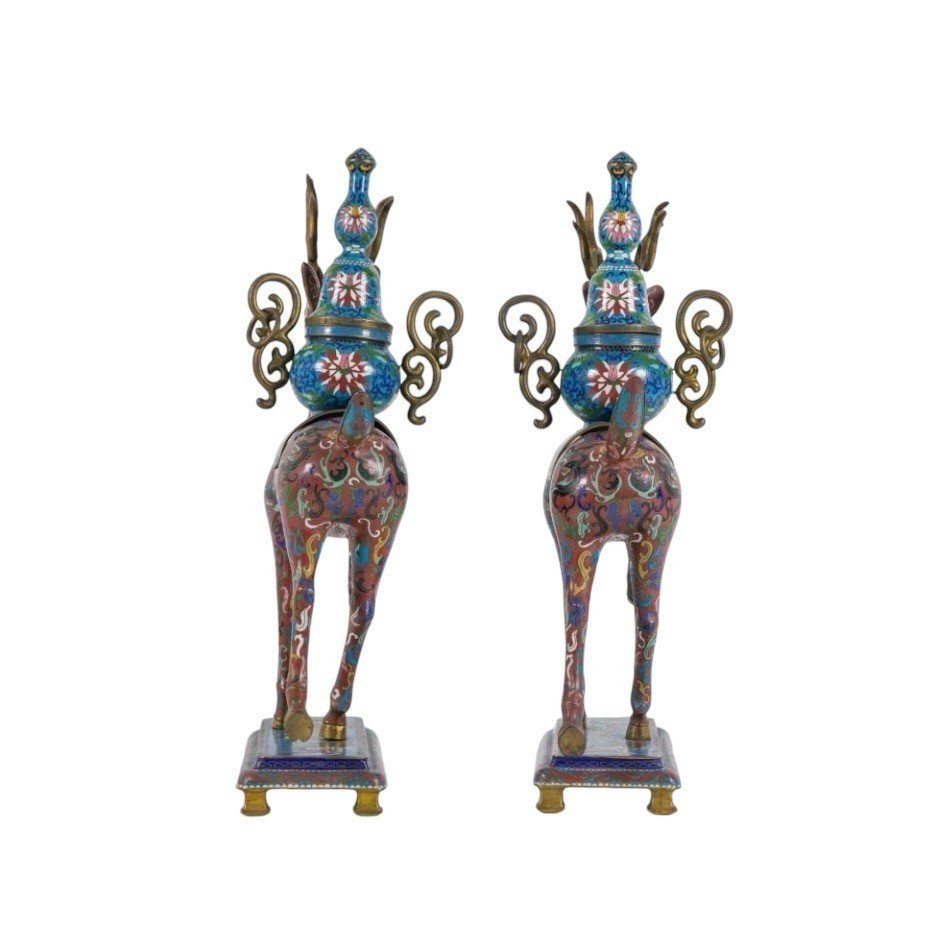 Pair Of Chinese Deer Incense Burners In Gloisonné Enamel, Late 19th Century.-photo-3