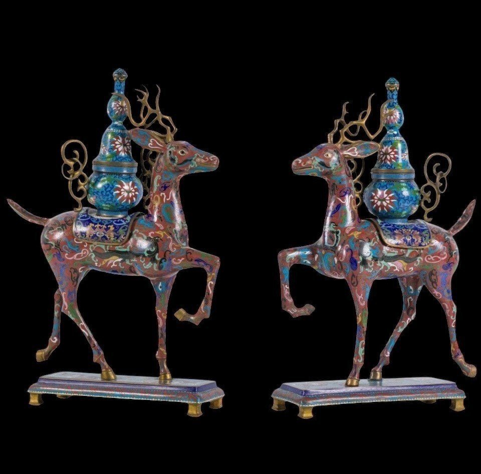 Pair Of Chinese Deer Incense Burners In Gloisonné Enamel, Late 19th Century.-photo-8