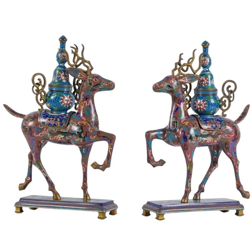 Pair Of Chinese Deer Incense Burners In Gloisonné Enamel, Late 19th Century.