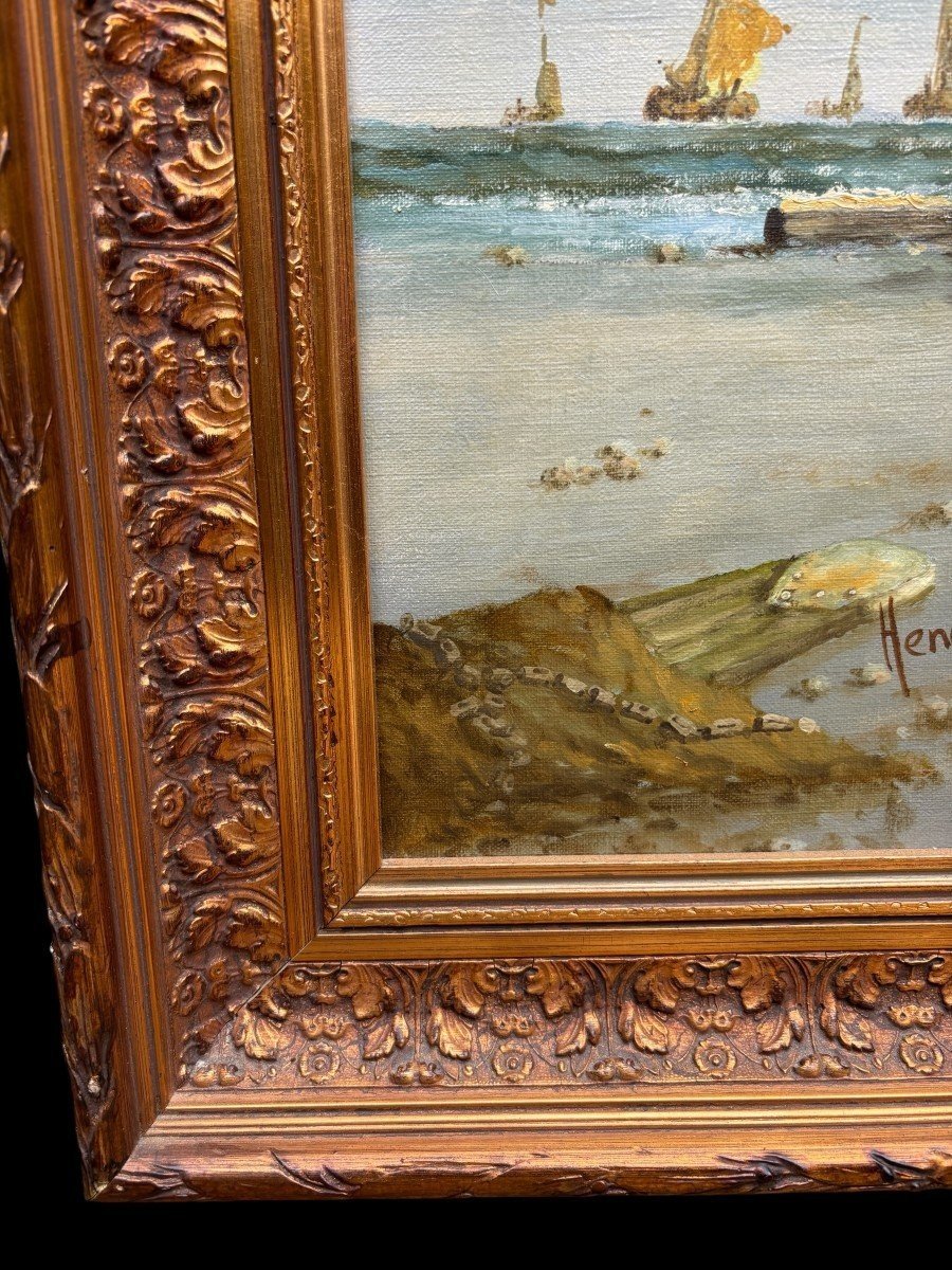 Large Decorative Painting "view Of The Beach" Oil On Canvas 20th Century.-photo-2