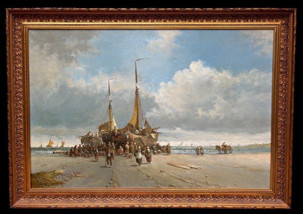 Large Decorative Painting "view Of The Beach" Oil On Canvas 20th Century.