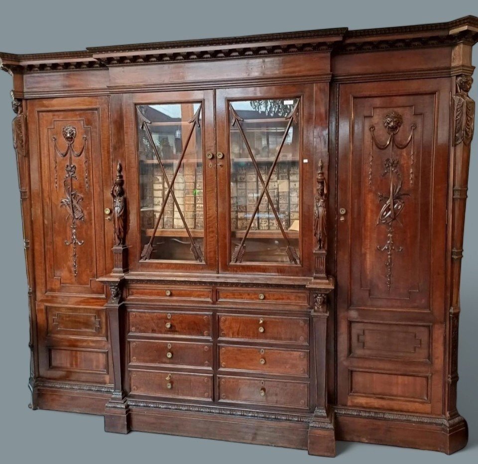 Large "breakfront" Empire Style Bookcase In Mahogany 19th Century. (304 Cm)-photo-3