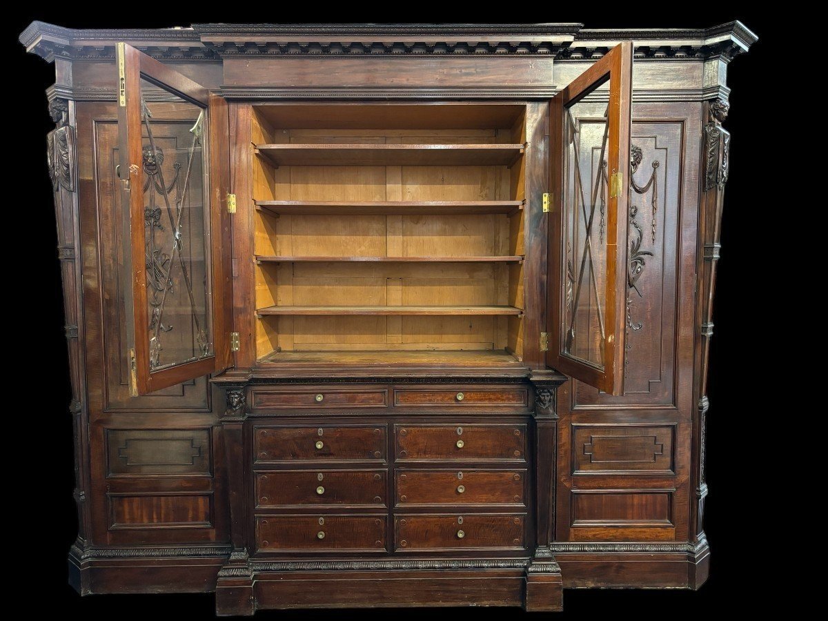 Large "breakfront" Empire Style Bookcase In Mahogany 19th Century. (304 Cm)-photo-5