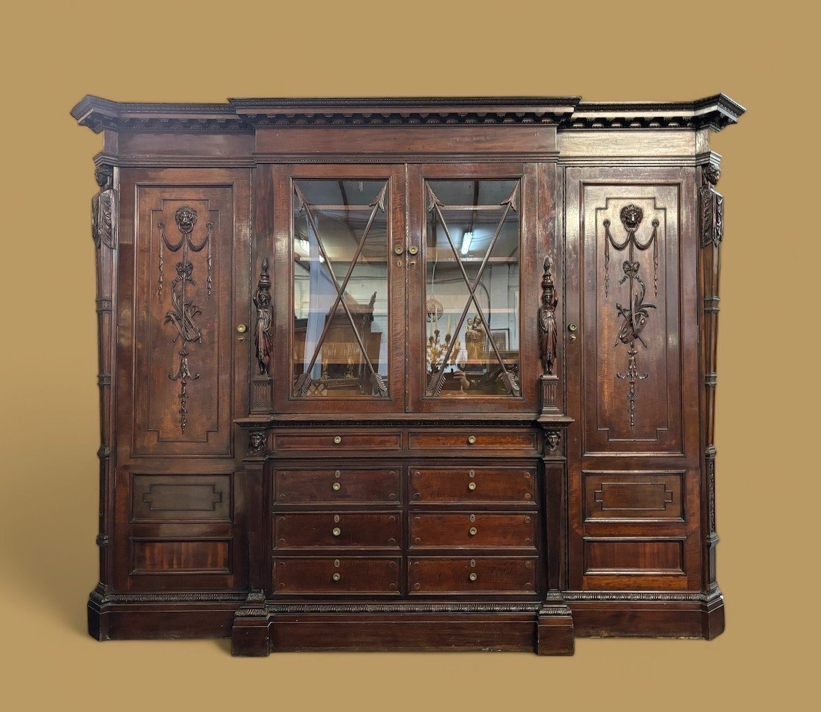 Large "breakfront" Empire Style Bookcase In Mahogany 19th Century. (304 Cm)-photo-8