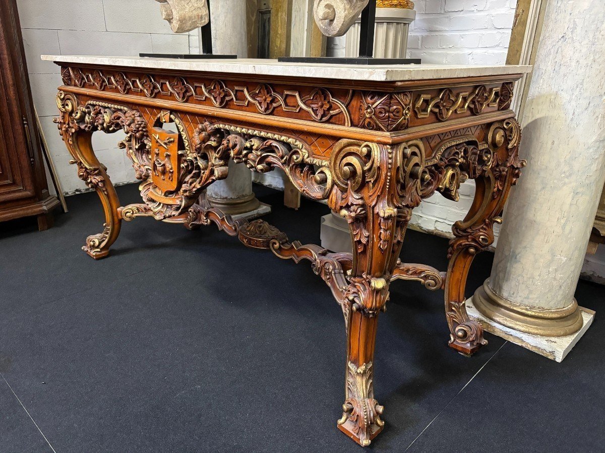 Large Decorative Console In Carved Wood, 20th Century.-photo-4