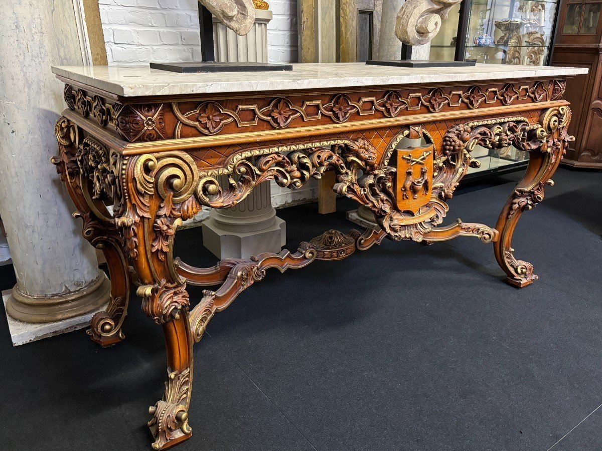 Large Decorative Console In Carved Wood, 20th Century.