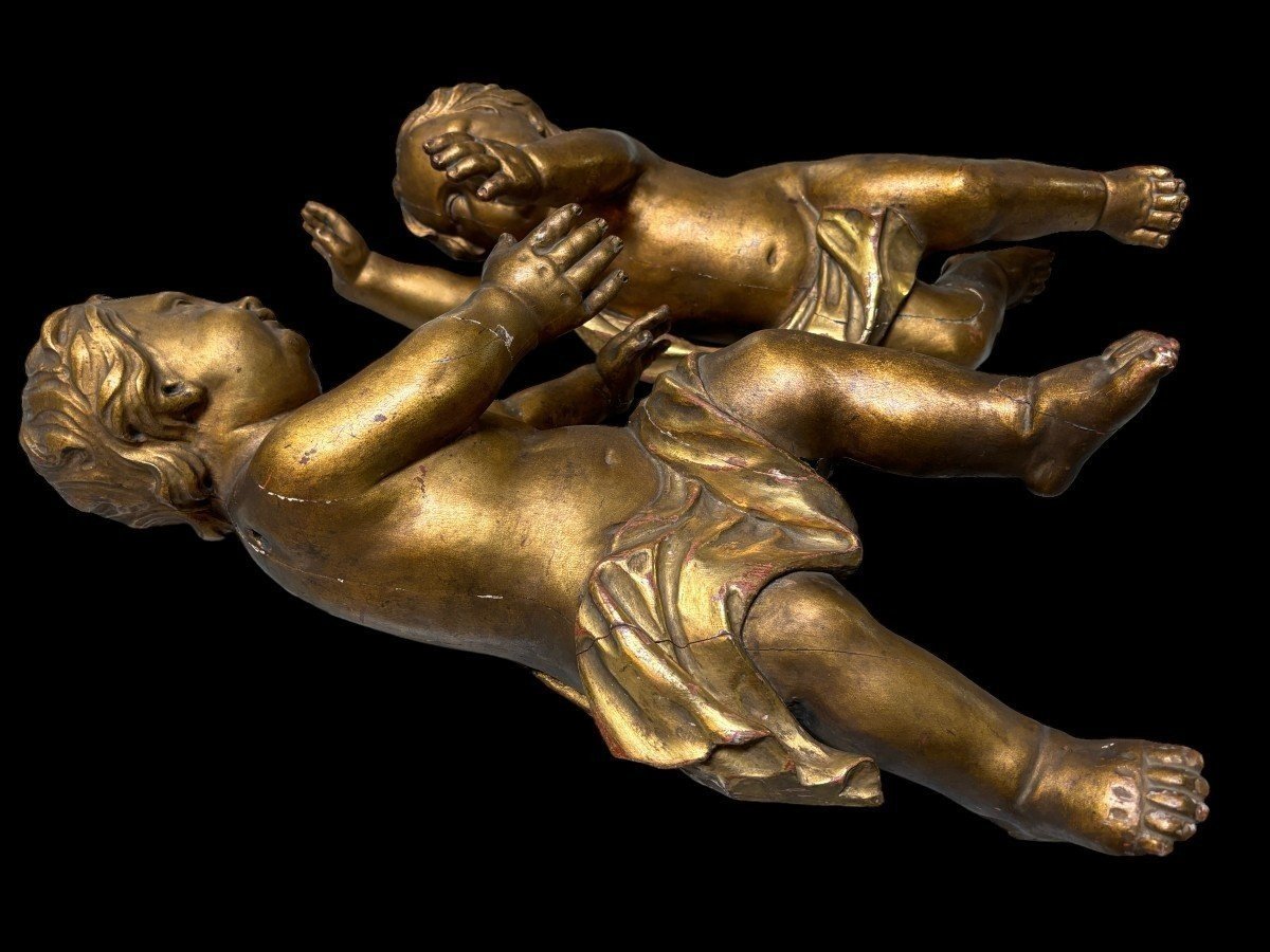 Pair Of Gilded Wooden Angels, Early 18th Century.-photo-4