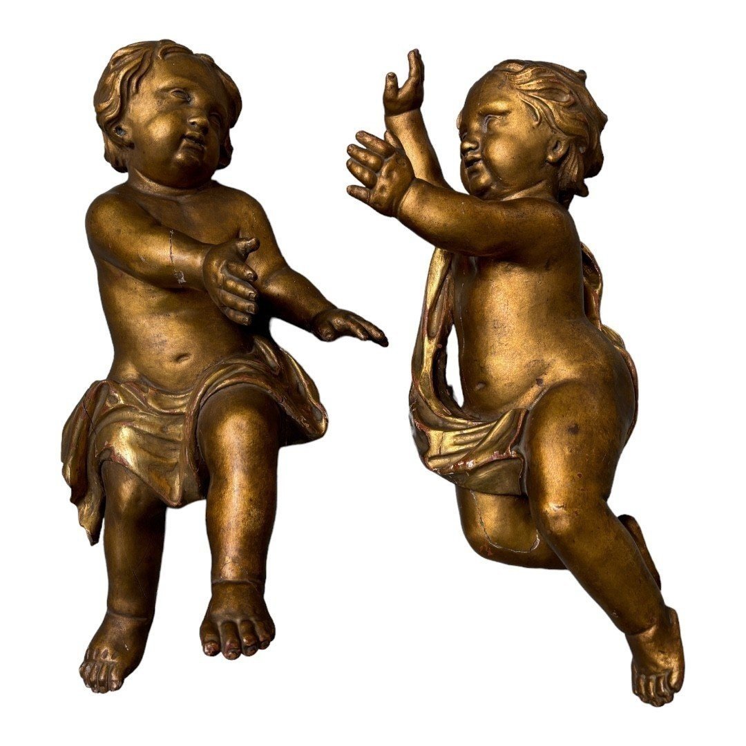 Pair Of Gilded Wooden Angels, Early 18th Century.-photo-7