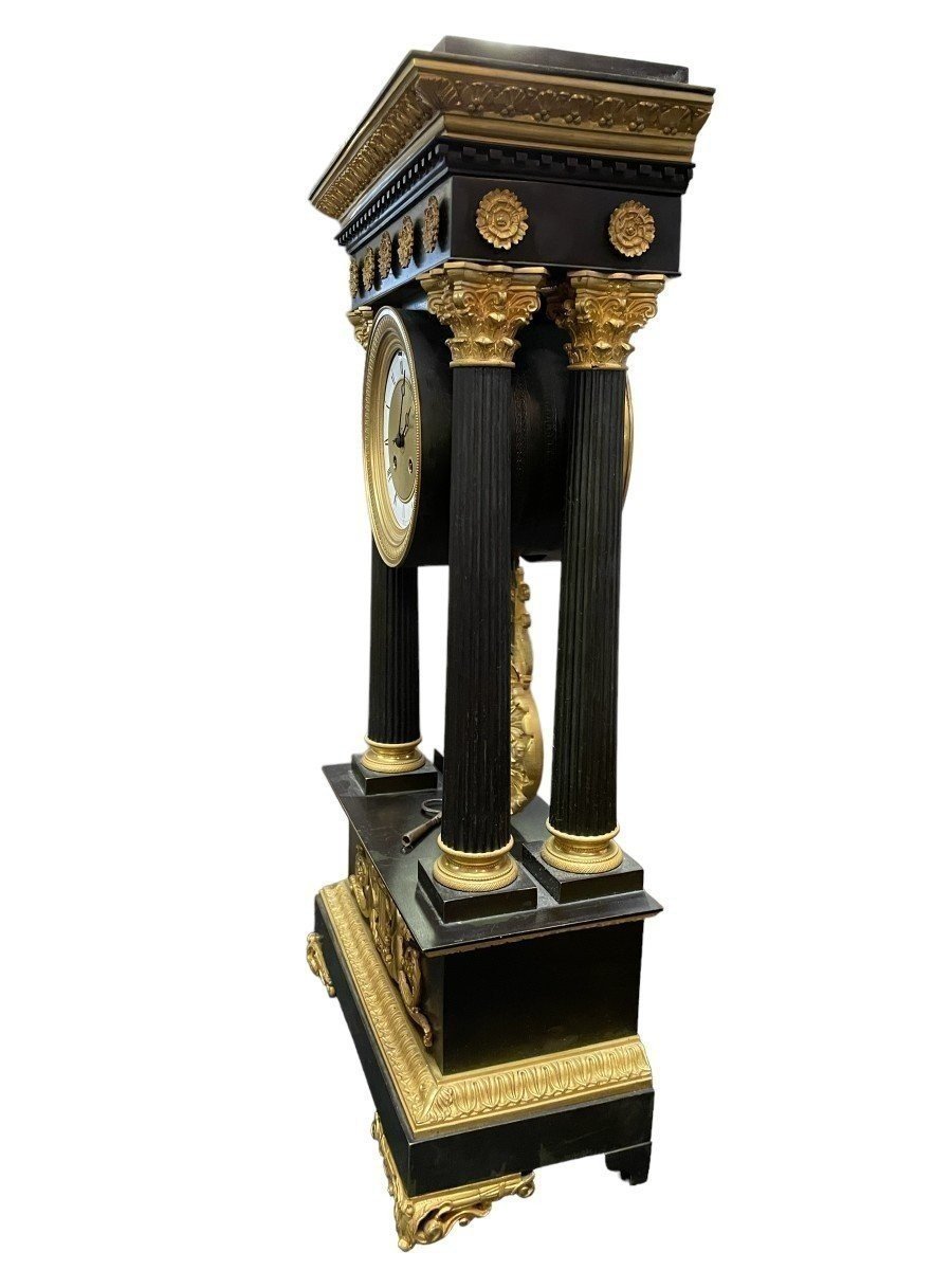 Large Portico Clock In Gilded And Patinated Bronze, 19th Century.-photo-2