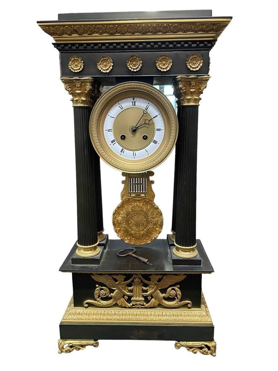 Large Portico Clock In Gilded And Patinated Bronze, 19th Century.-photo-8