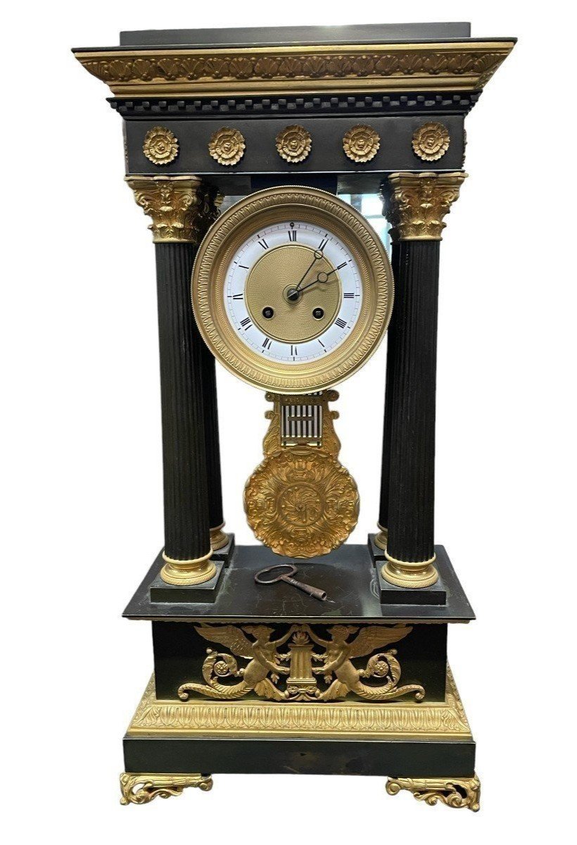 Large Portico Clock In Gilded And Patinated Bronze, 19th Century.