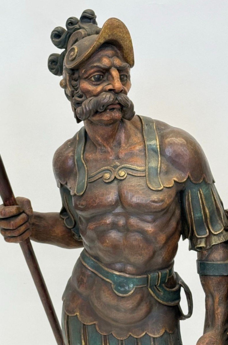 Large Sculpture Of A Soldier/warrior In Polychrome Oak, Late 19th Century.-photo-1