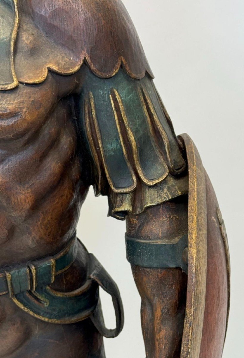 Large Sculpture Of A Soldier/warrior In Polychrome Oak, Late 19th Century.-photo-4