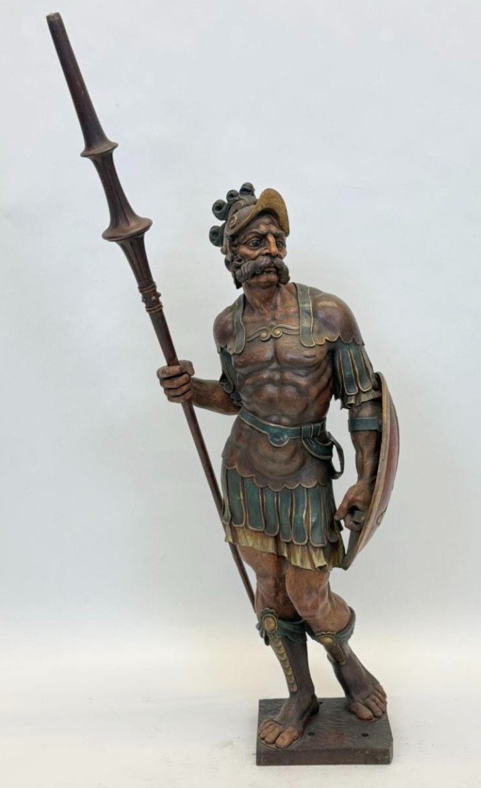 Large Sculpture Of A Soldier/warrior In Polychrome Oak, Late 19th Century.