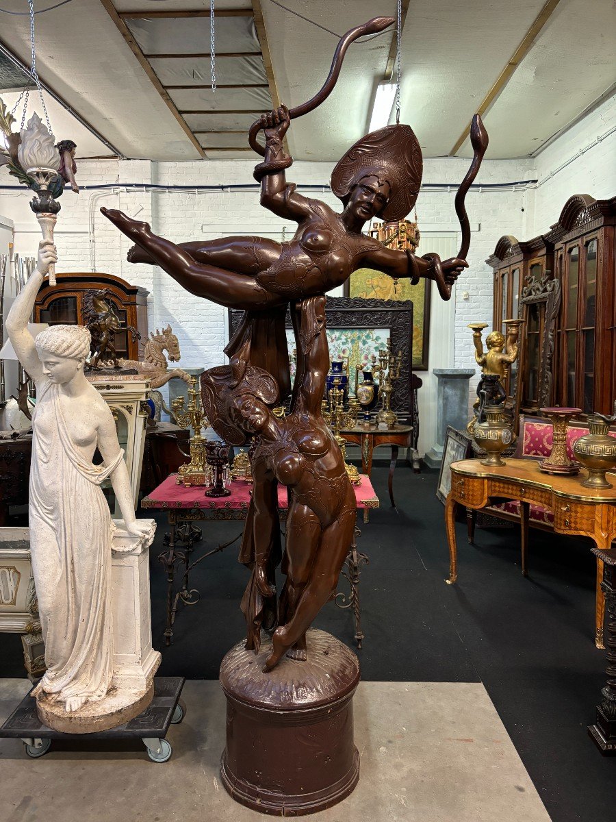 Large Decorative Sculpture “pair Of Dancers” In Wood, Early 20th Century. (255 Cm)-photo-2