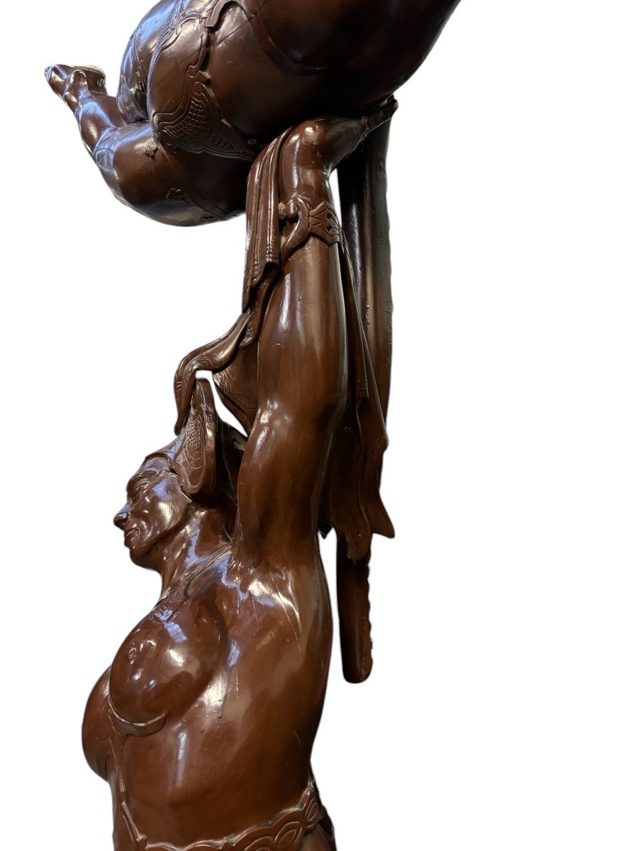 Large Decorative Sculpture “pair Of Dancers” In Wood, Early 20th Century. (255 Cm)-photo-7