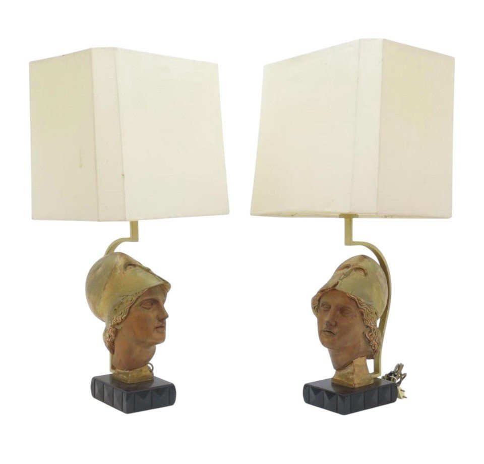 Pair Of Decorative Wooden “head Of Athena” Floor Lamps, 20th Century.-photo-8