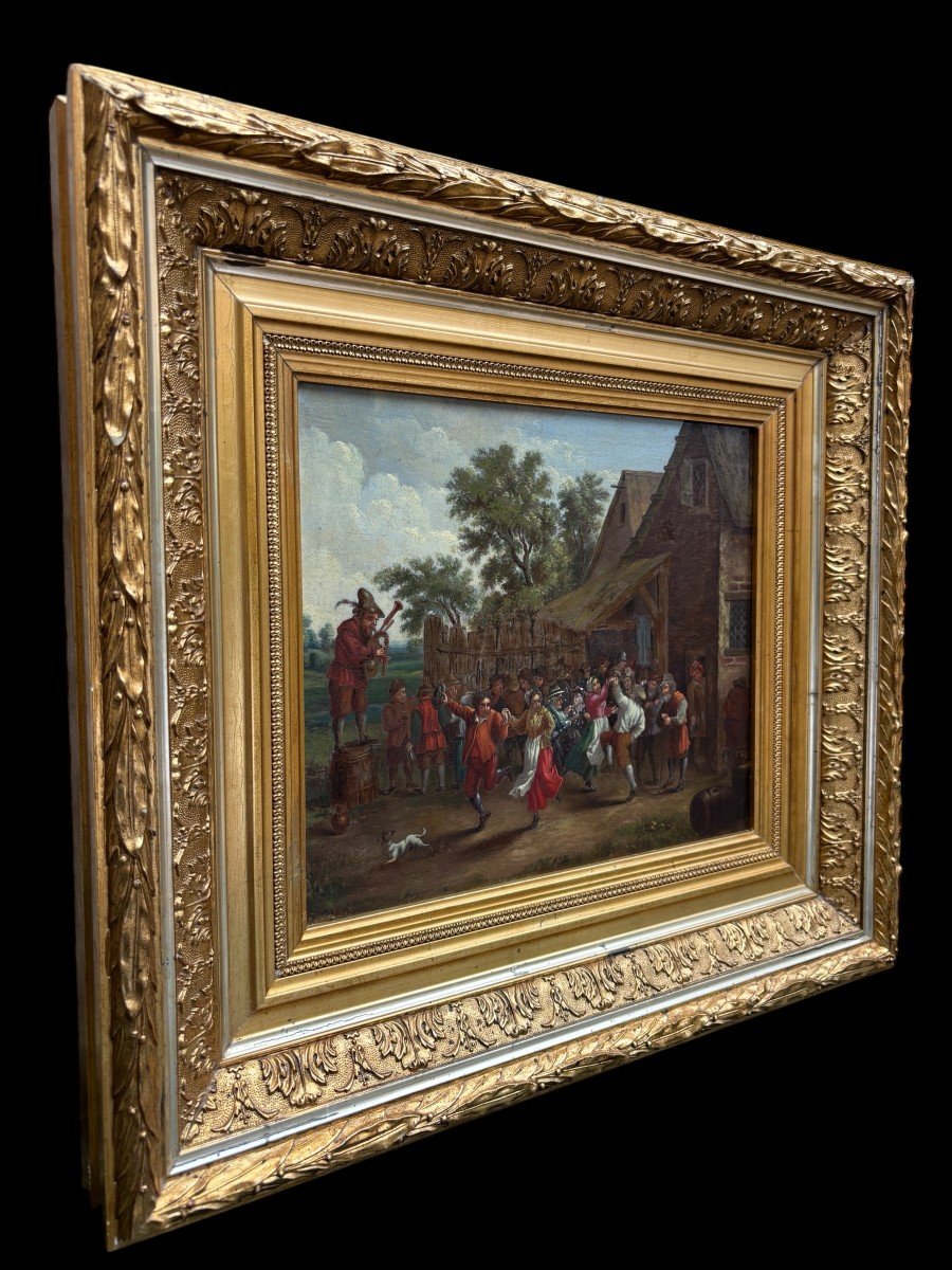 Beautiful Painting “peasant Village Festival” Oil On Panel 19th Century.-photo-3