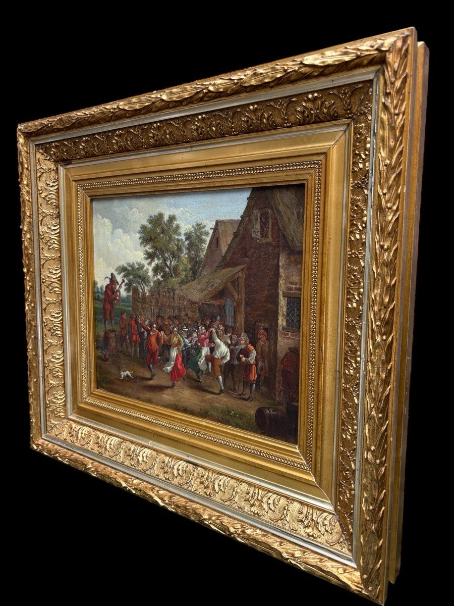 Beautiful Painting “peasant Village Festival” Oil On Panel 19th Century.-photo-4