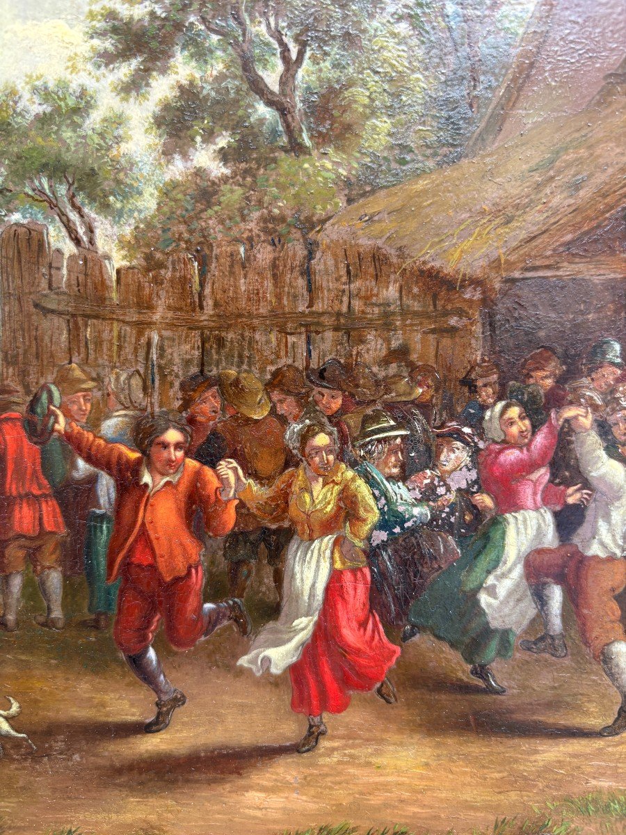 Beautiful Painting “peasant Village Festival” Oil On Panel 19th Century.-photo-3