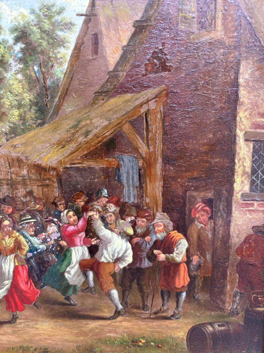 Beautiful Painting “peasant Village Festival” Oil On Panel 19th Century.-photo-4