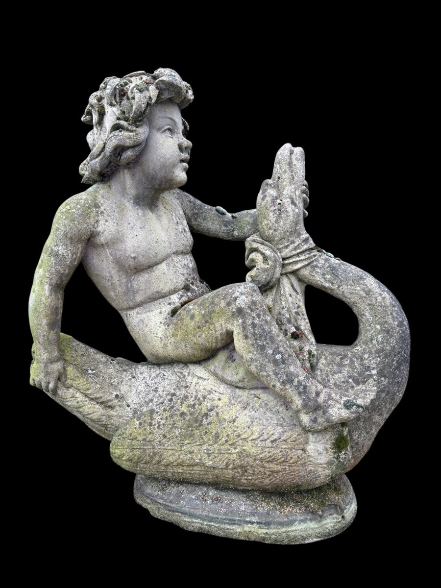 Decorative Fountain "boy On Swan" In Concrete, 20th Century-photo-2