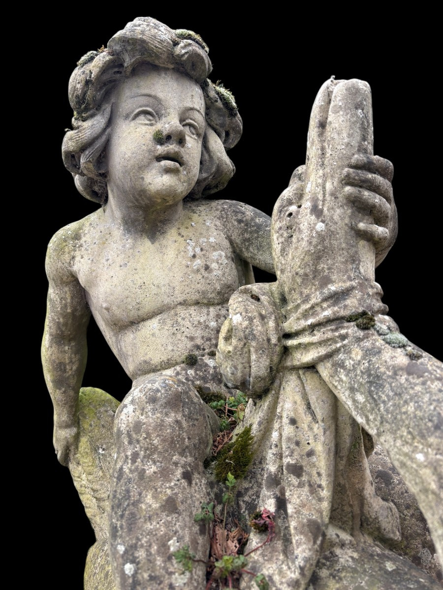 Decorative Fountain "boy On Swan" In Concrete, 20th Century-photo-4