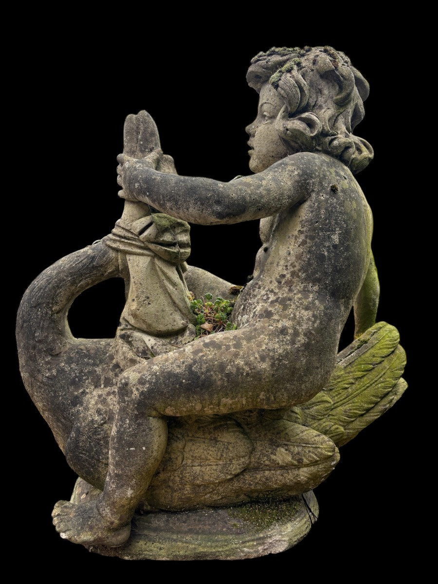 Decorative Fountain "boy On Swan" In Concrete, 20th Century