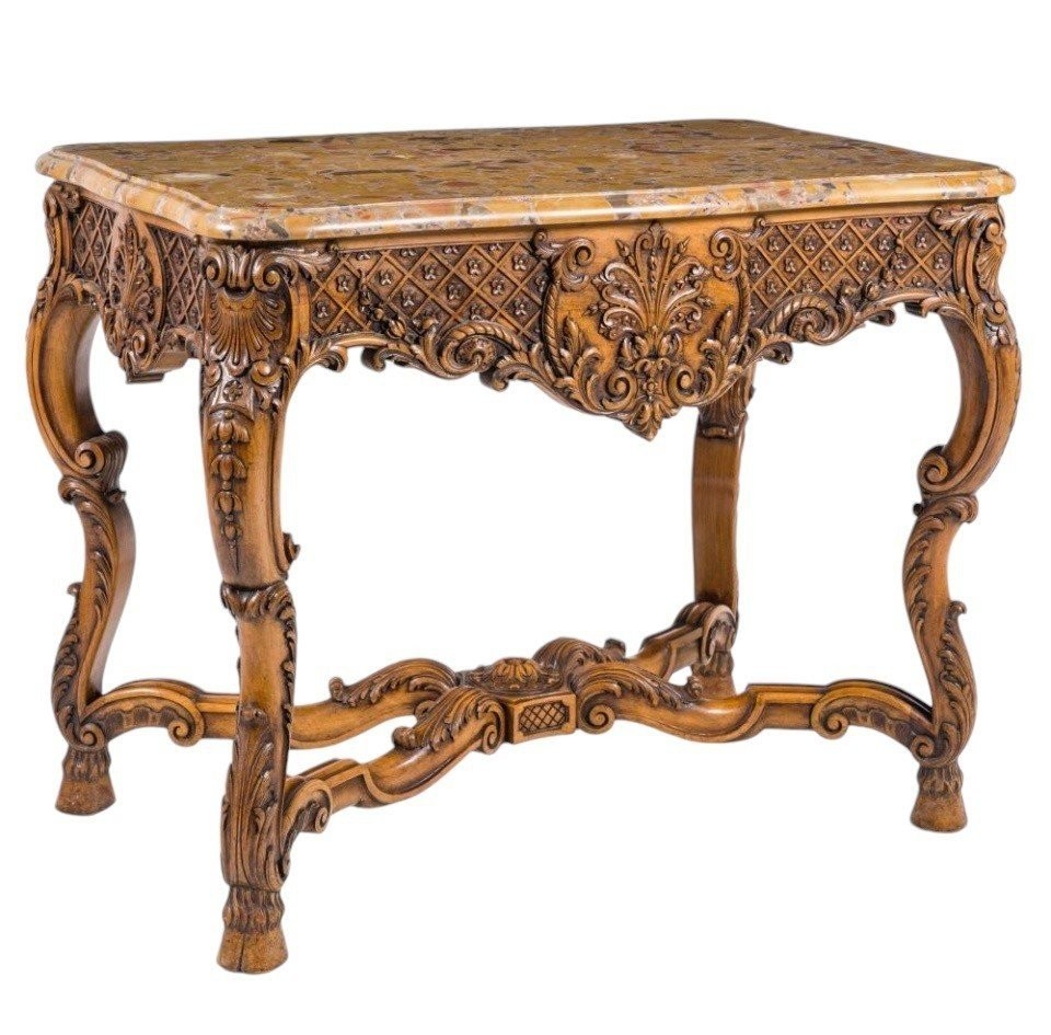 Table Centrale En Chêne Richement Sculpté Avec Un Plateau En Marbre Circa 1920-photo-2