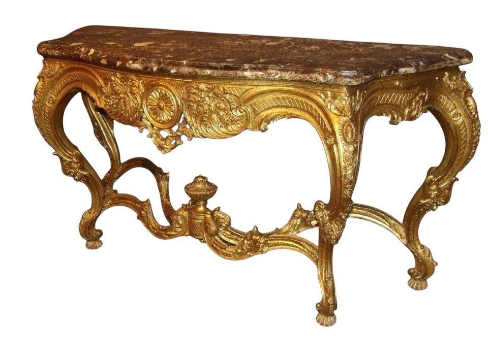 Large Louis XV Style 4-legged Console Table In Gilded Wood, 19th Century.