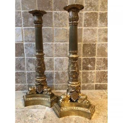 Pair Of Very Large Charles X Candelabra / Lamp Feet In Gilt Bronze.